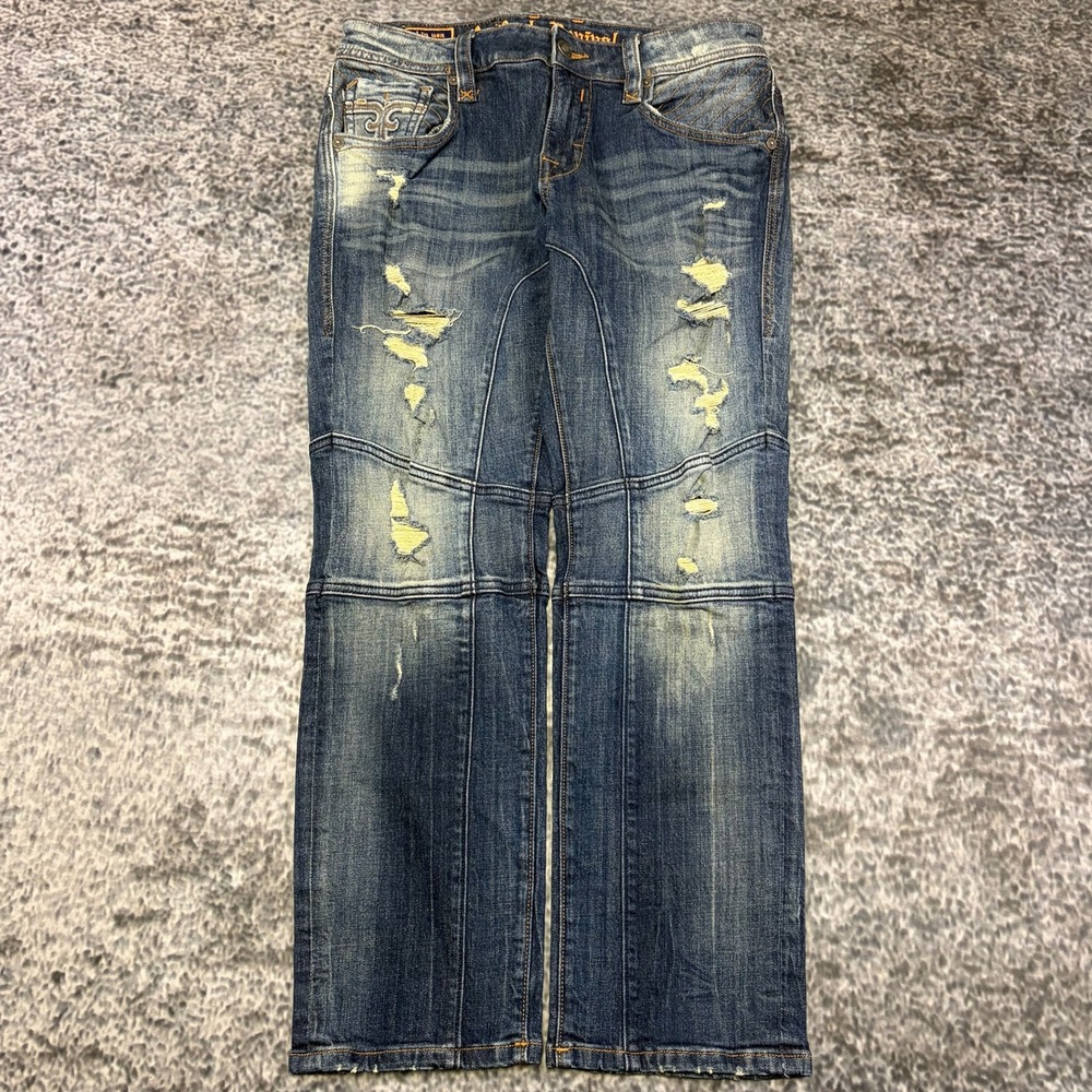Rock Revival Phiox Slim Straight Jeans Mens 33x29 Blue Distressed Denim